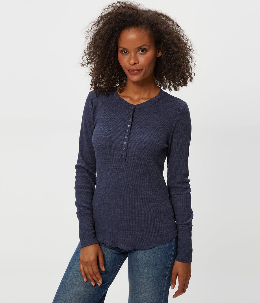 Regan Thermal Henley Tee in Nocturnal Blue Close Up View #NOCTURNAL