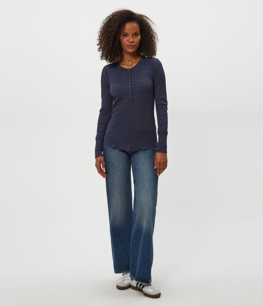 Regan Thermal Henley Tee in Nocturnal Blue Full Body View #NOCTURNAL