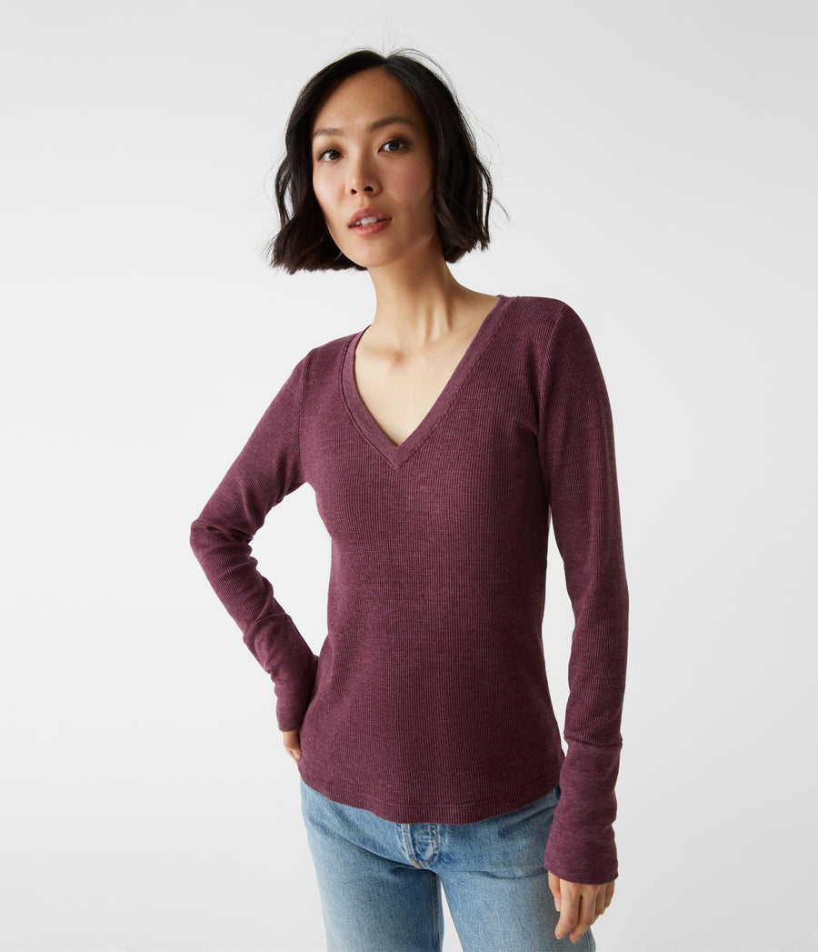Romeo Thermal V-Neck Tee in Beetroot Red Close Up View #BEETROOT