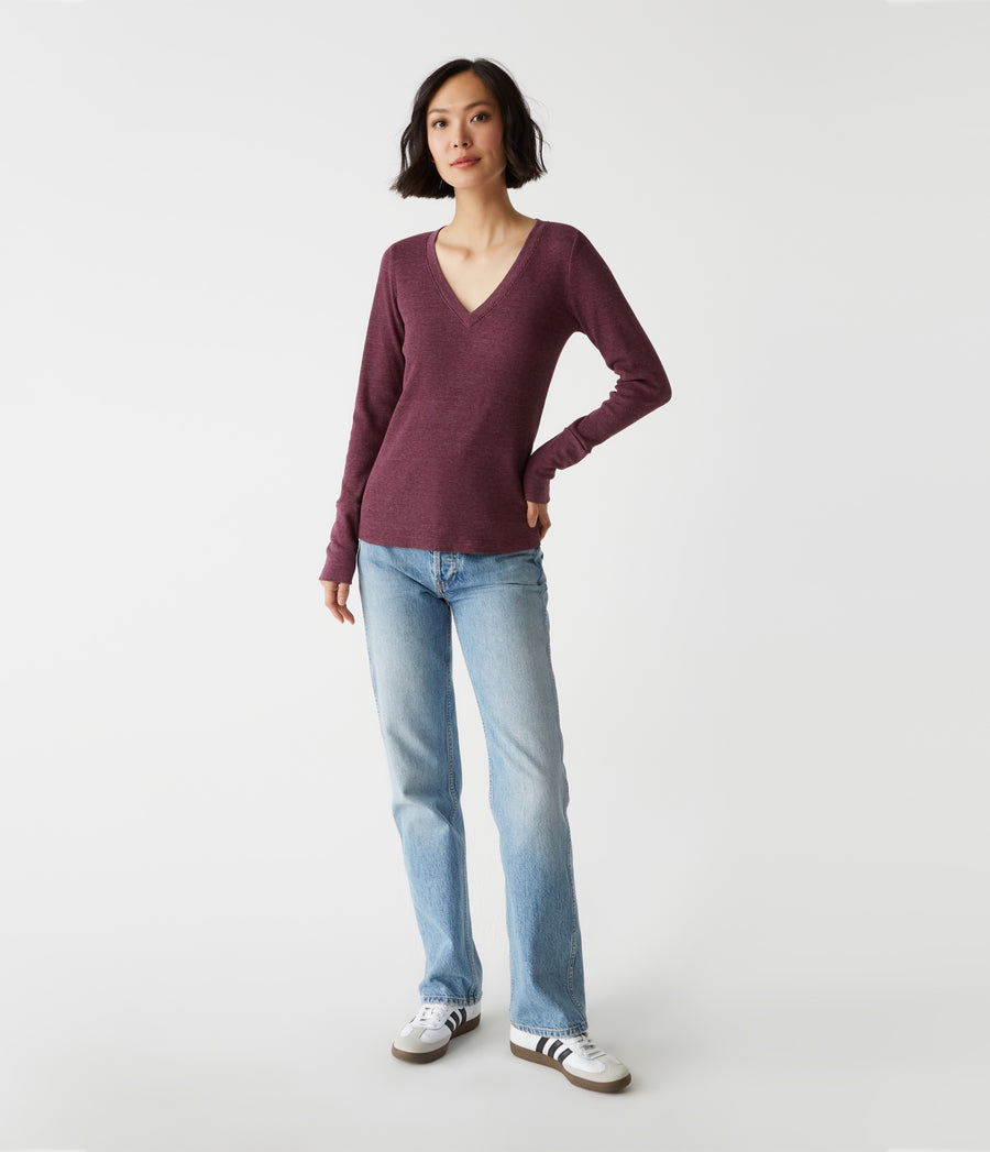 Romeo Thermal V-Neck Tee in Beetroot Red Full Body View #BEETROOT