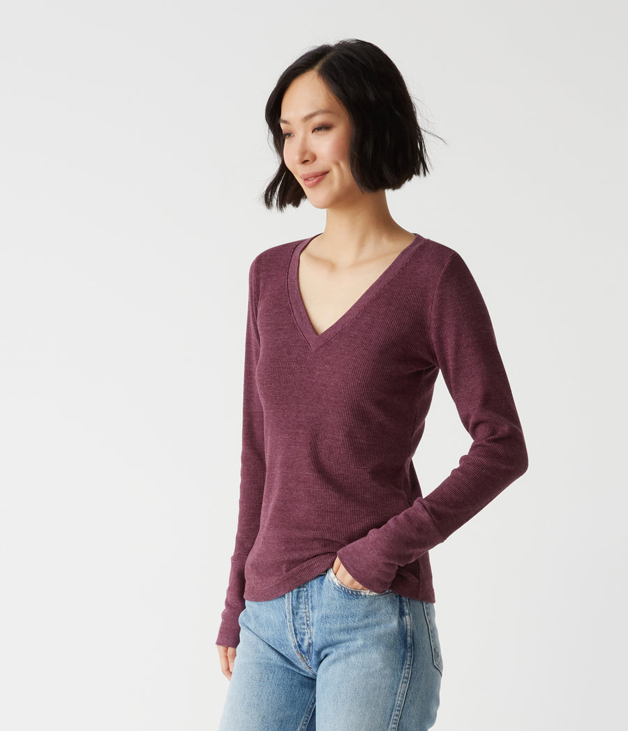 Romeo Thermal V-Neck Tee in Beetroot Red Side View #BEETROOT
