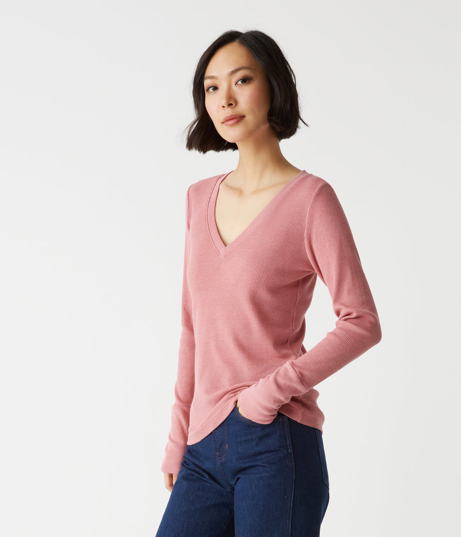 Romeo Thermal V-Neck Tee in Berrywood Pink Side View #BERRYWOOD