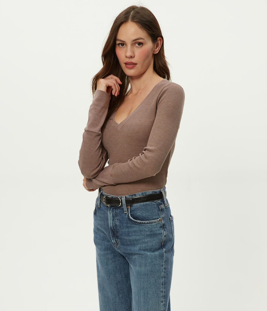 Romeo Thermal V-Neck Tee in Cobblestone Brown Side View #COBBLESTONE