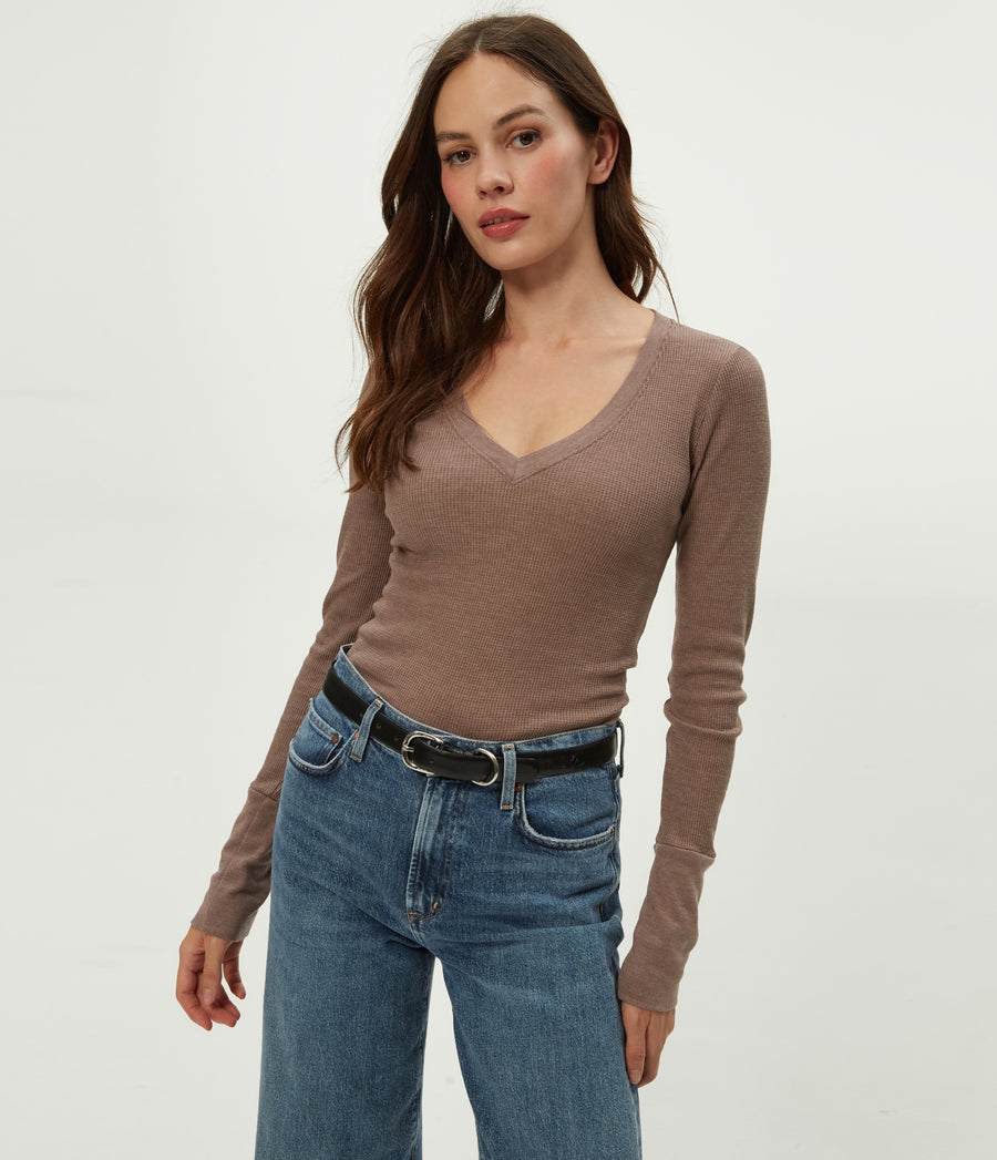 Romeo Thermal V-Neck Tee in Cobblestone Brown Close Up View #COBBLESTONE