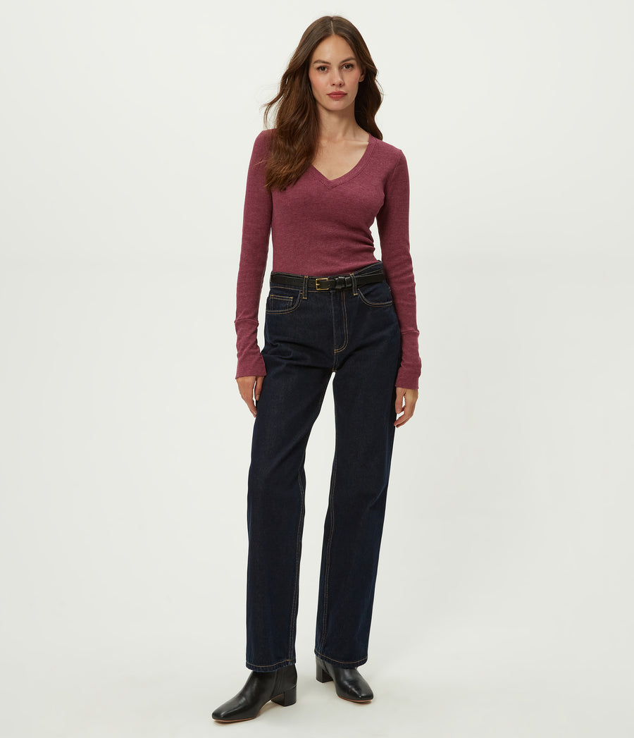 Romeo Thermal V-Neck Tee in Garnet Red Full Body View #GARNET