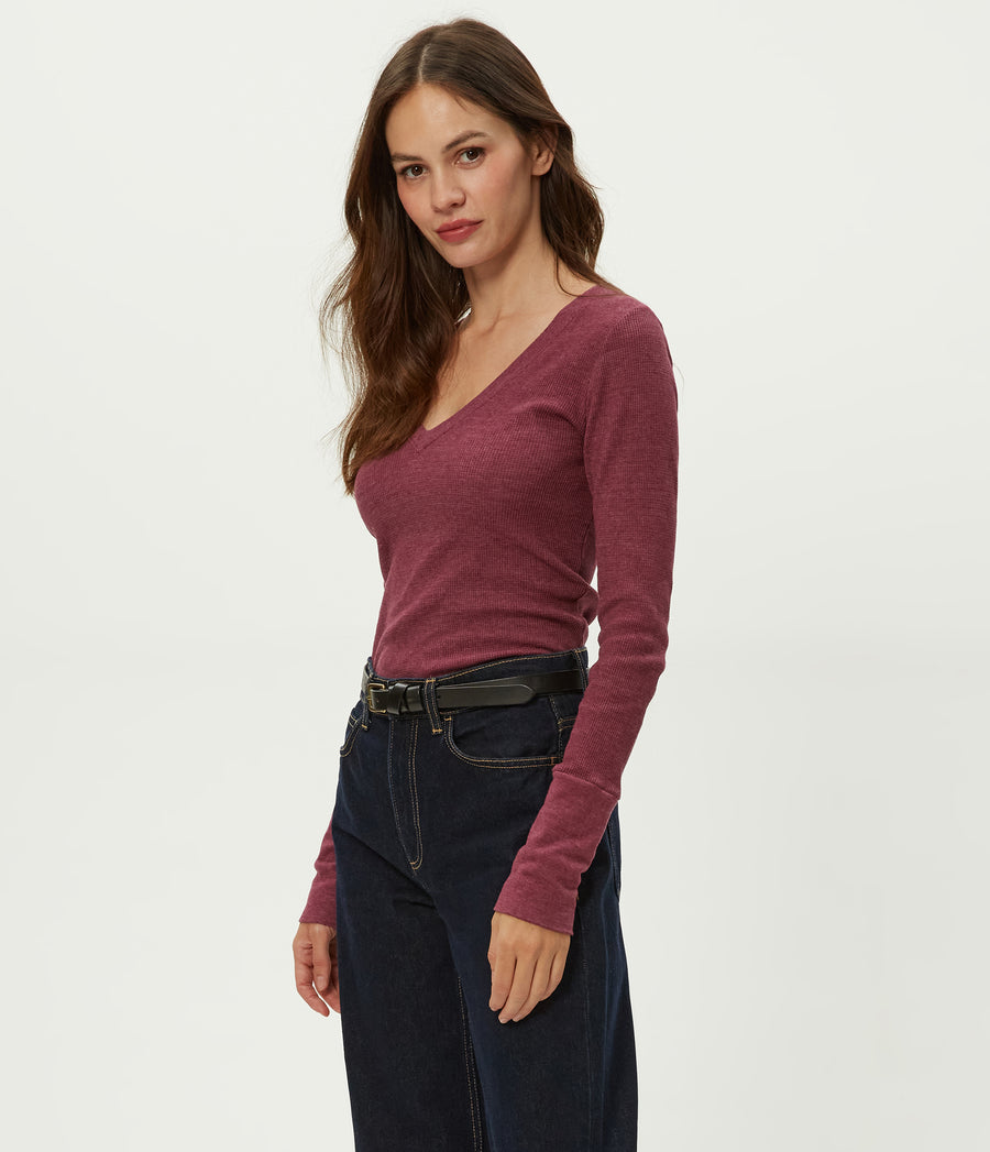 Romeo Thermal V-Neck Tee in Garnet Red Side View #GARNET