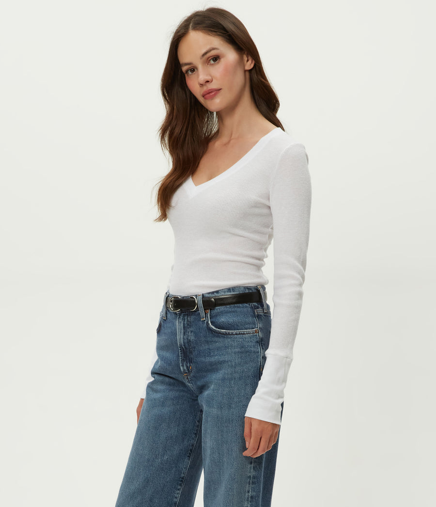Romeo Thermal V-Neck Tee in White Full Body View #WHITE