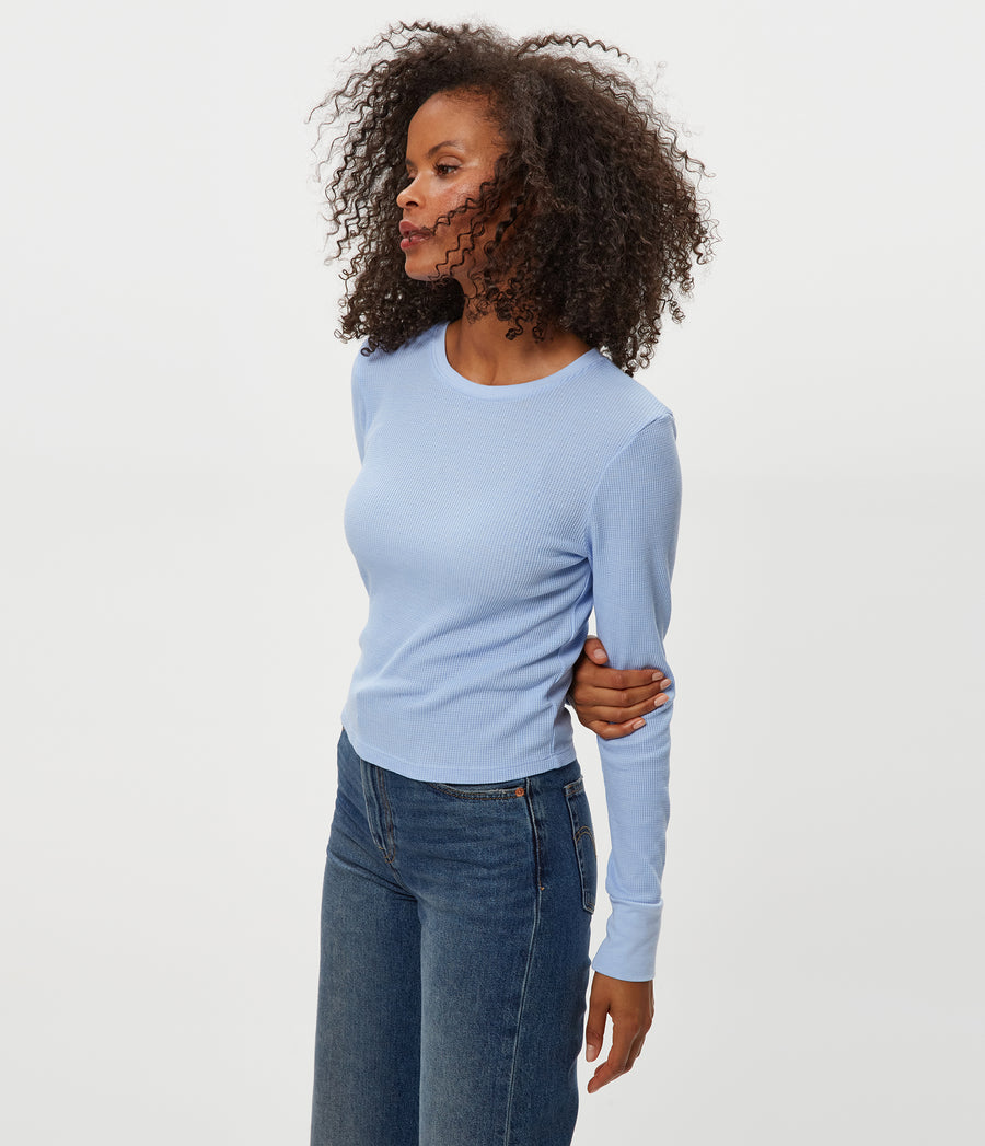 Cera Honeycomb Stitch Cardigan in BREEZE Blue Side View #BREEZE
