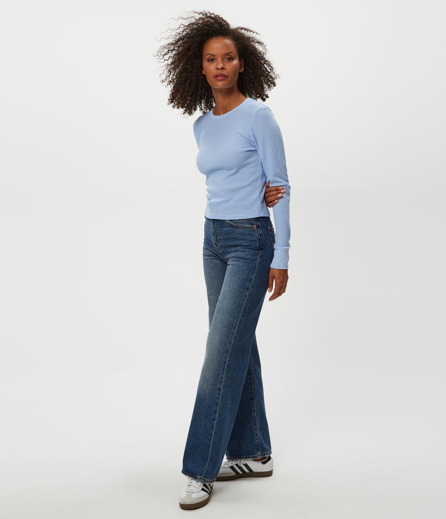 Cera Honeycomb Stitch Cardigan in BREEZE Blue Full Body View #BREEZE