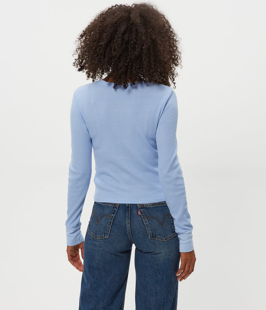 Cera Honeycomb Stitch Cardigan in BREEZE Blue Back View #BREEZE