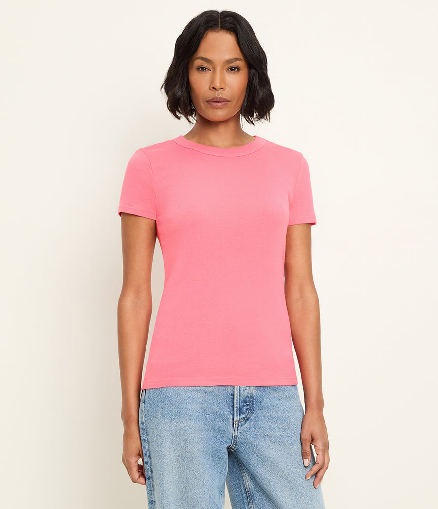 Lexy Tee in DRAGONFRUIT Pink Close Up View #DRAGONFRUIT