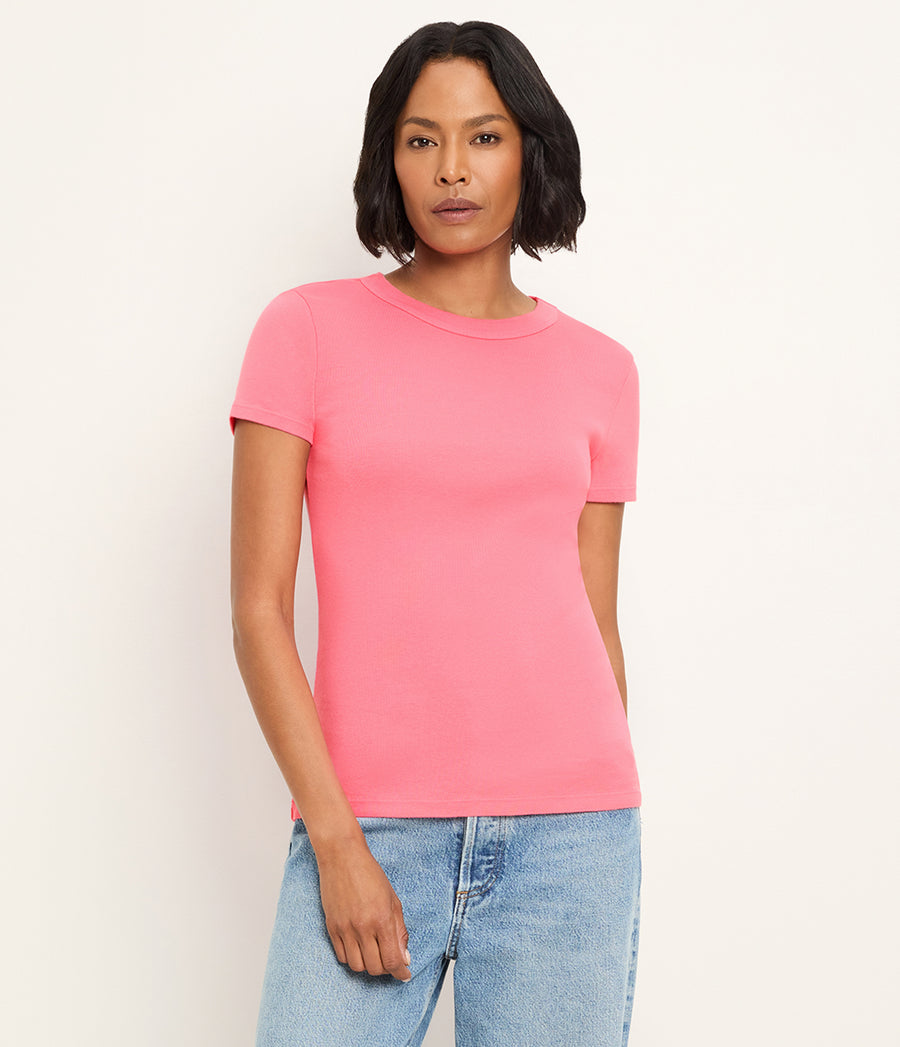 Lexy Tee in DRAGONFRUIT Pink Close Up View #DRAGONFRUIT
