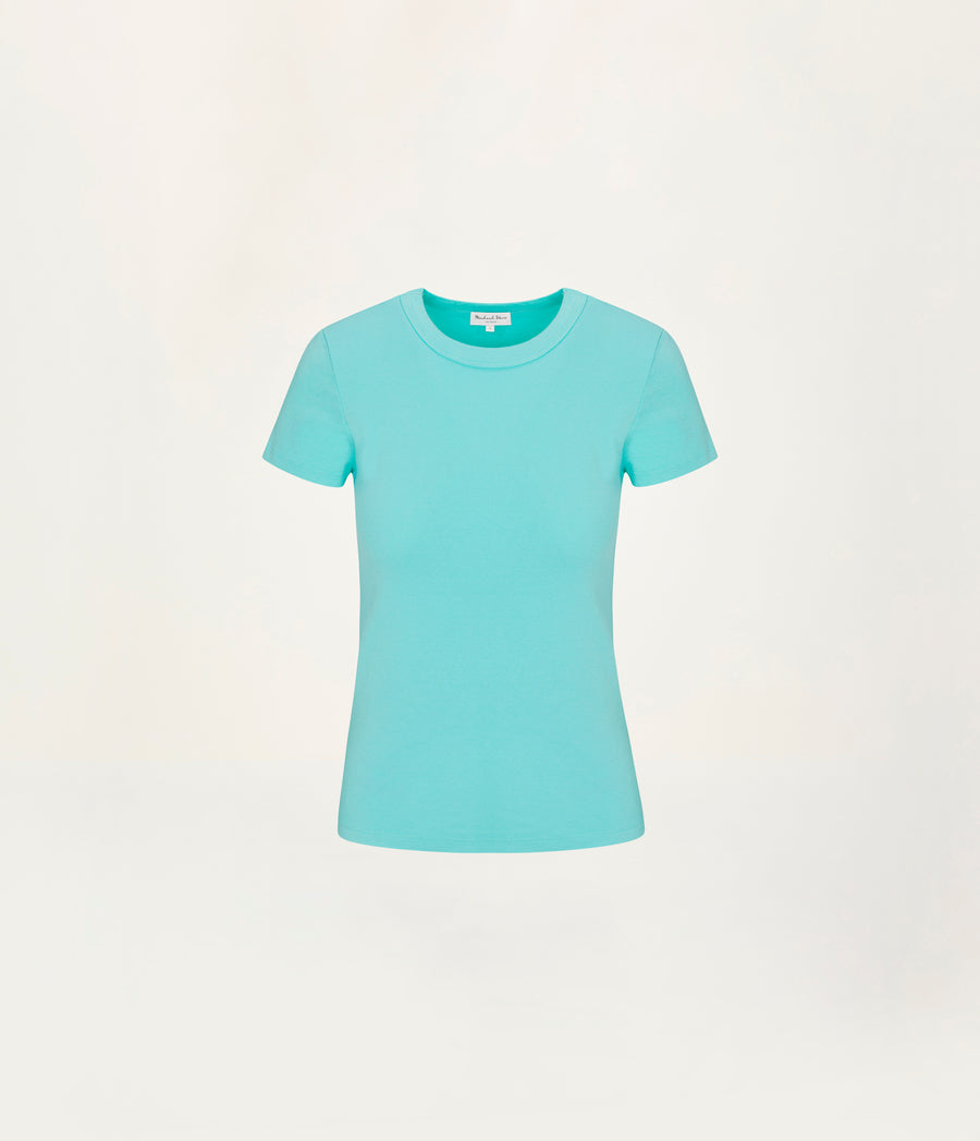 Lexy Tee in ARUBA BLUE GREEN Orange Close up View #ARUBA