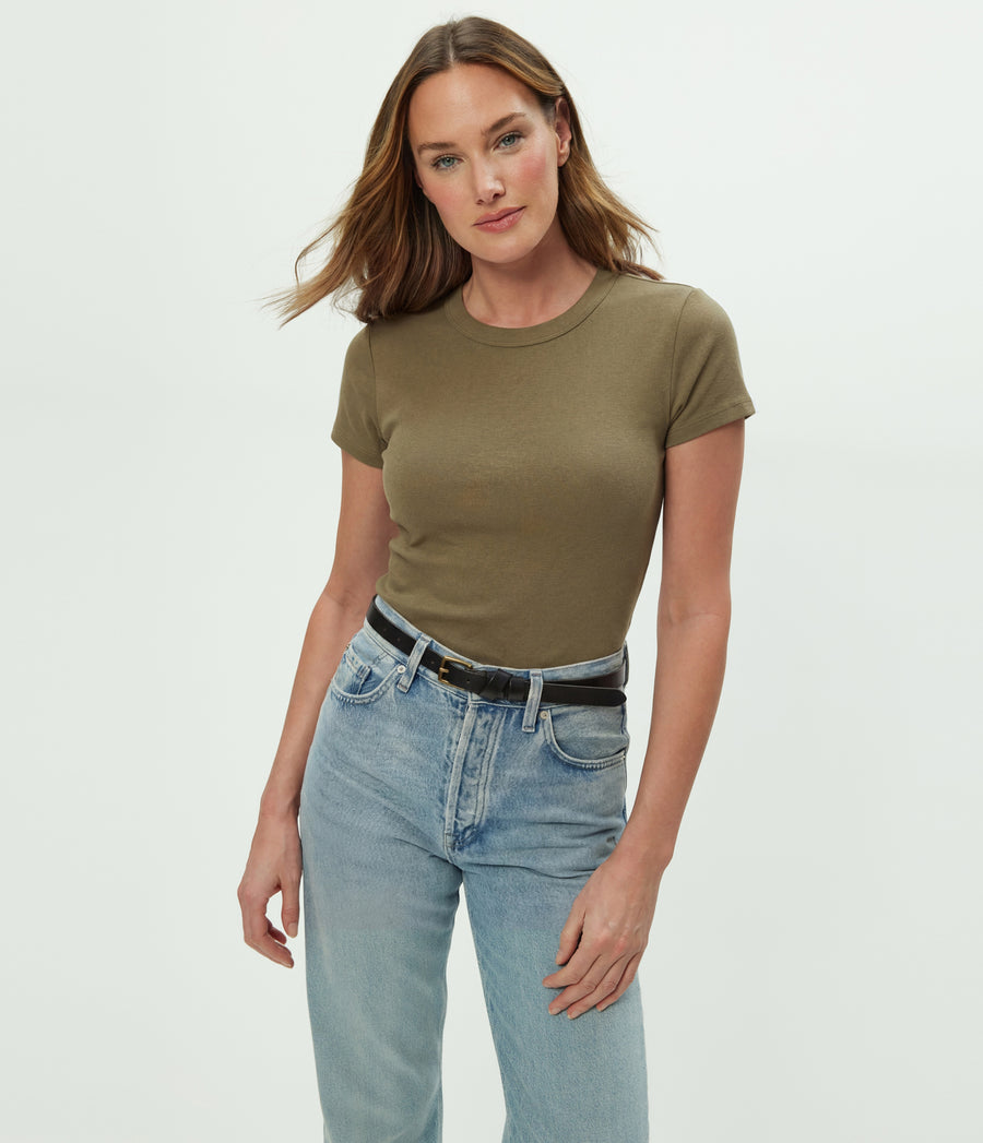 Lexy Tee in CAPER Green Close up View #CAPER