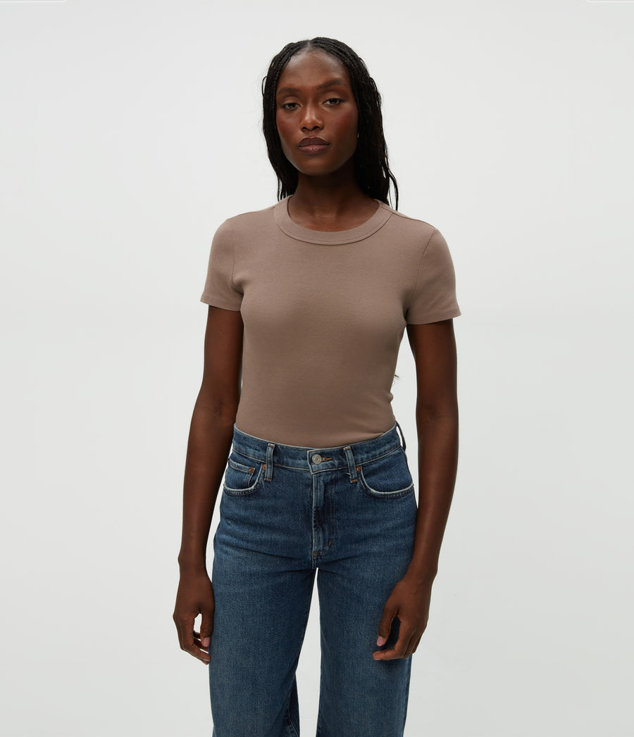 Lexy Tee in Cobblestone Brown Close Up View #COBBLESTONE