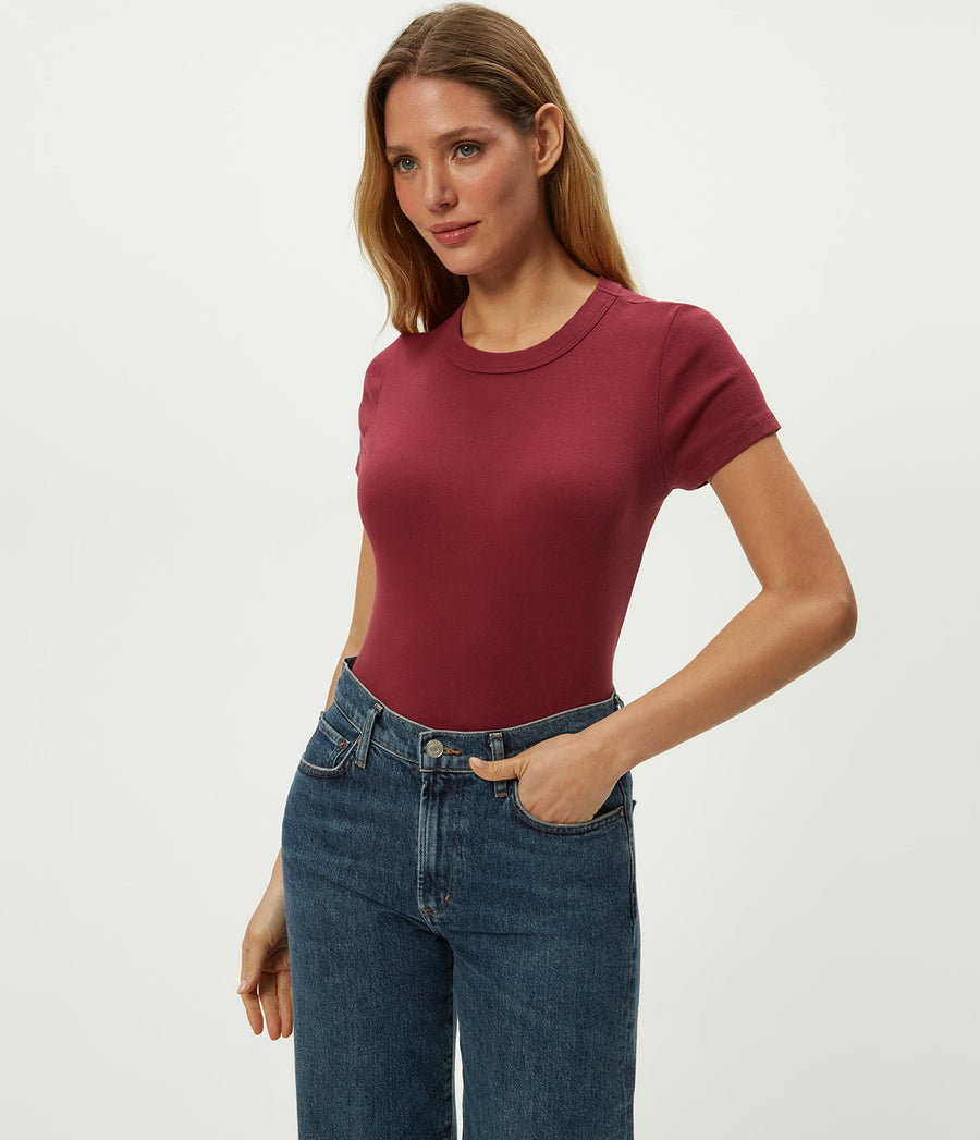 Mimi Cropped Tee in Garnet Red Close Up View #GARNET