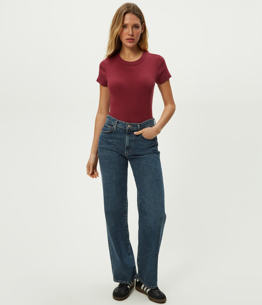 Mimi Cropped Tee in Garnet Red Full Body View #GARNET
