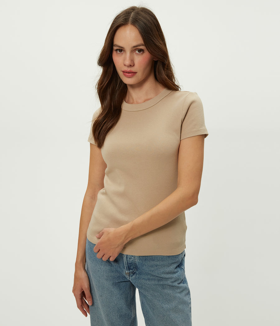 Lexy Tee in  MACADAMIA Beige Close up View #MACADAMIA