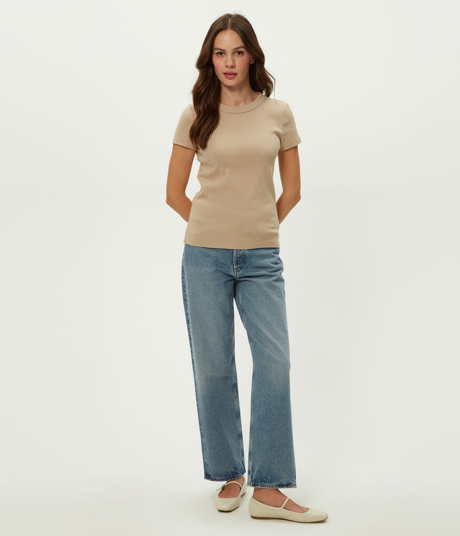 Lexy Tee in MACADAMIA Beige Full Body View #MACADAMIA