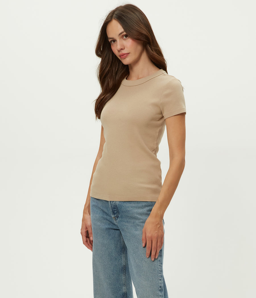 Lexy Tee in MACADAMIA Beige Full Body View #MACADAMIA