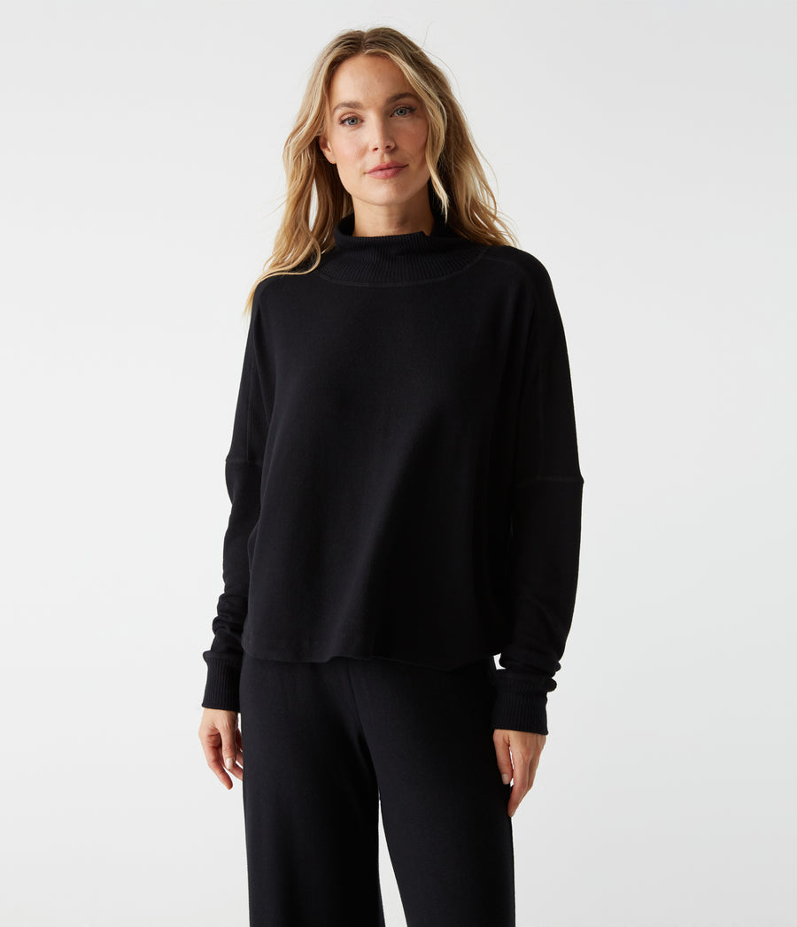 Frida Mock Neck Top in Black Close Up View #BLACK