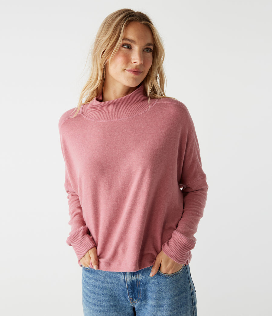 Frida Mock Neck Top in BERRYWOOD Pink Close Up View #BERRYWOOD