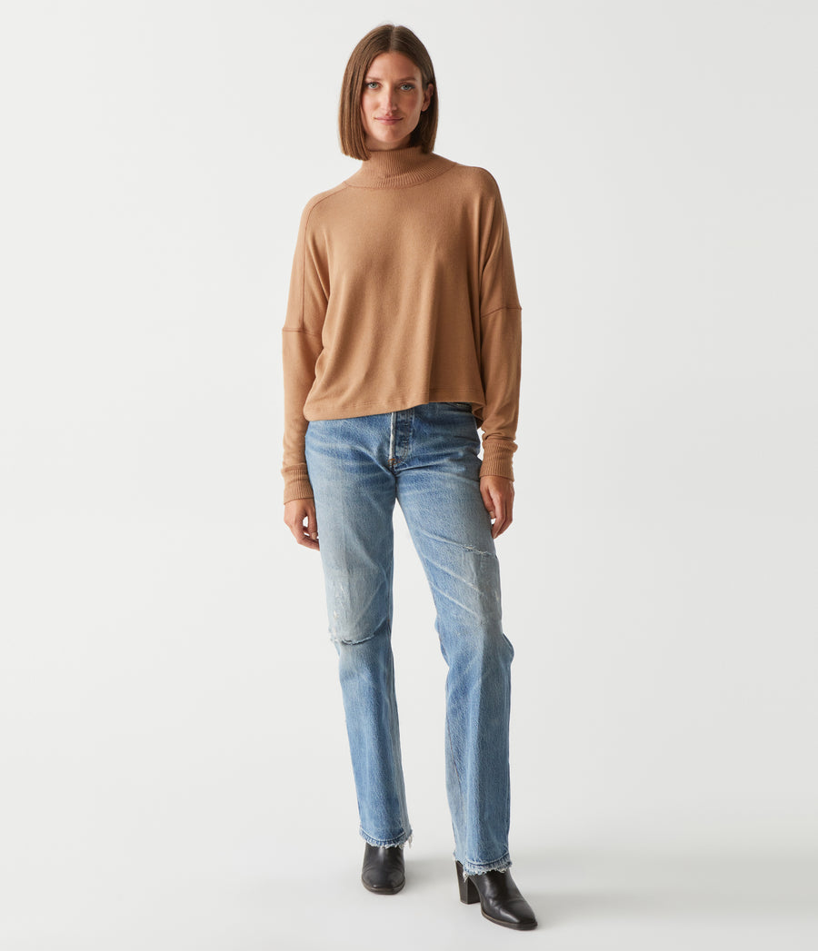 Frida Mock Neck Top in Camel Brown Full Body View #CAMEL