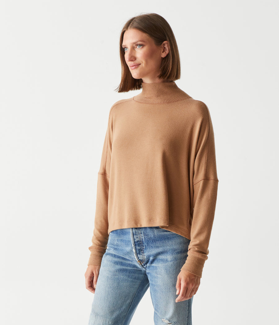 Frida Mock Neck Top in Camel Brown Side View #CAMEL