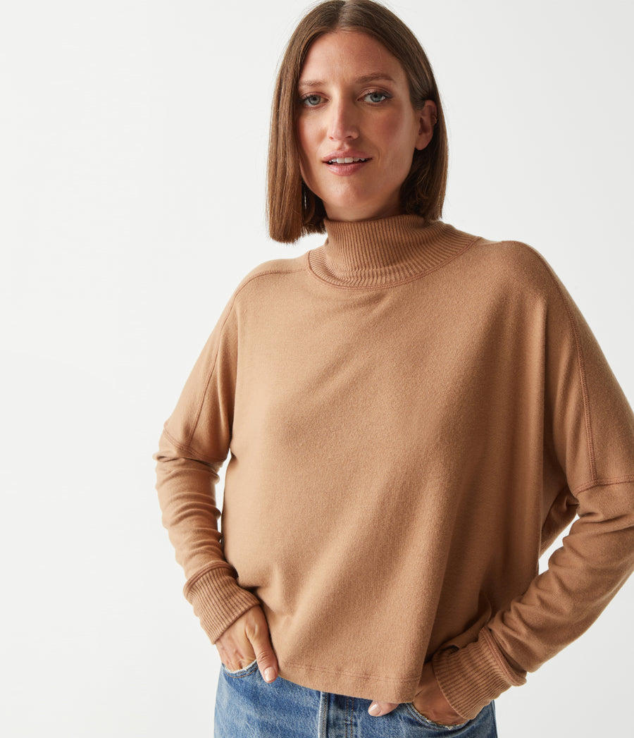 Frida Mock Neck Top in Camel Brown Close Up View #CAMEL