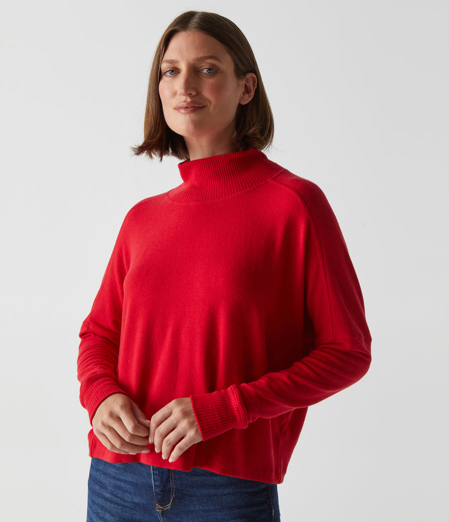Frida Mock Neck Top in Cardinal Red Close Up View #CARDINAL