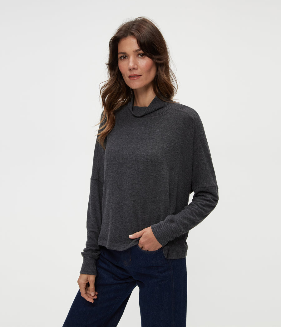 Frida Mock Neck Top in Charcoal Grey Close Up View #CHARCOAL