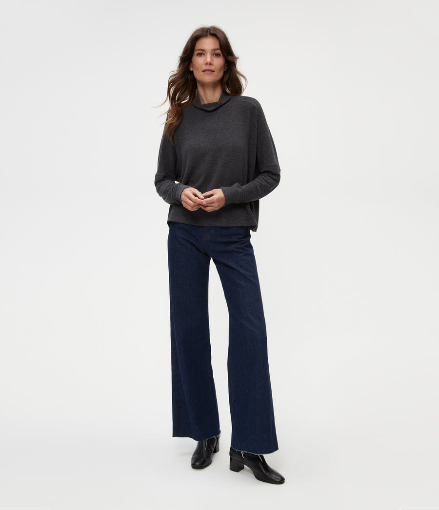 Frida Mock Neck Top in Charcoal Grey Full Body View #CHARCOAL