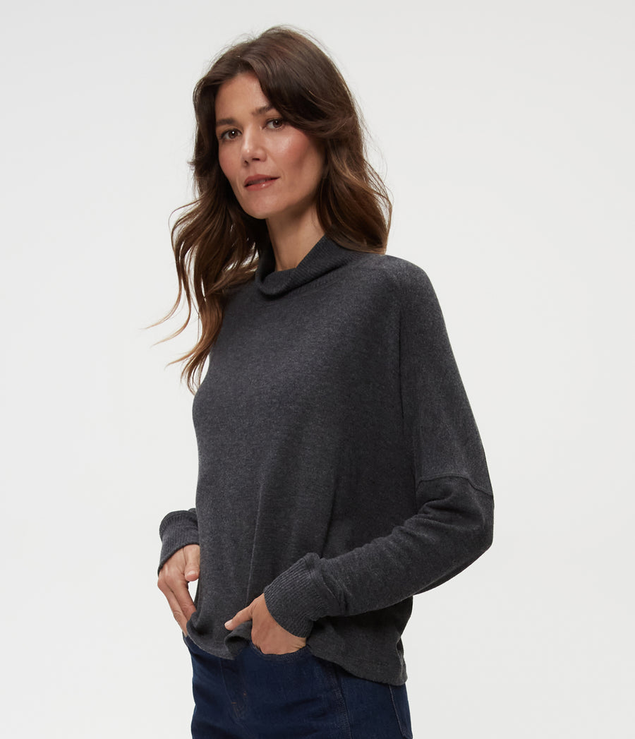 Frida Mock Neck Top in Charcoal Grey Side View #CHARCOAL