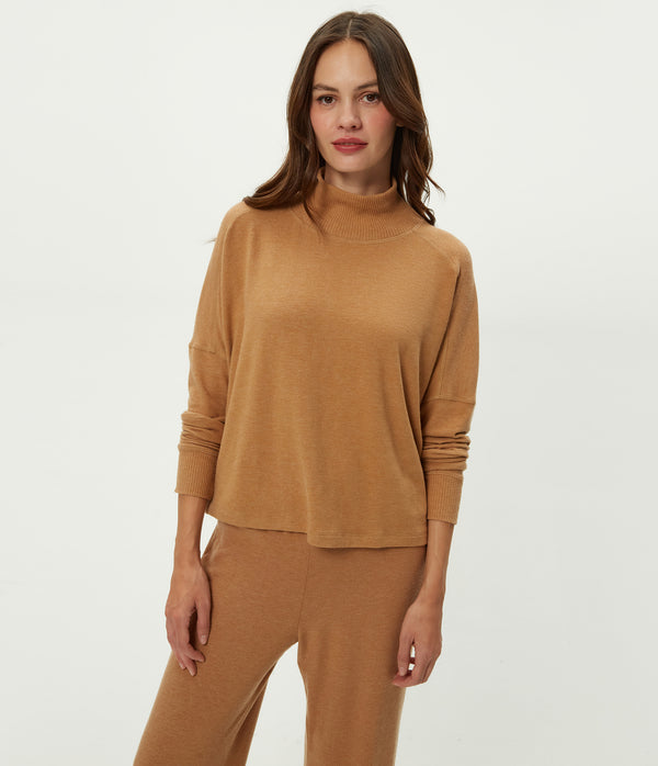 Frida Mock Neck Top in Cumin Brown Close Up View #CUMIN