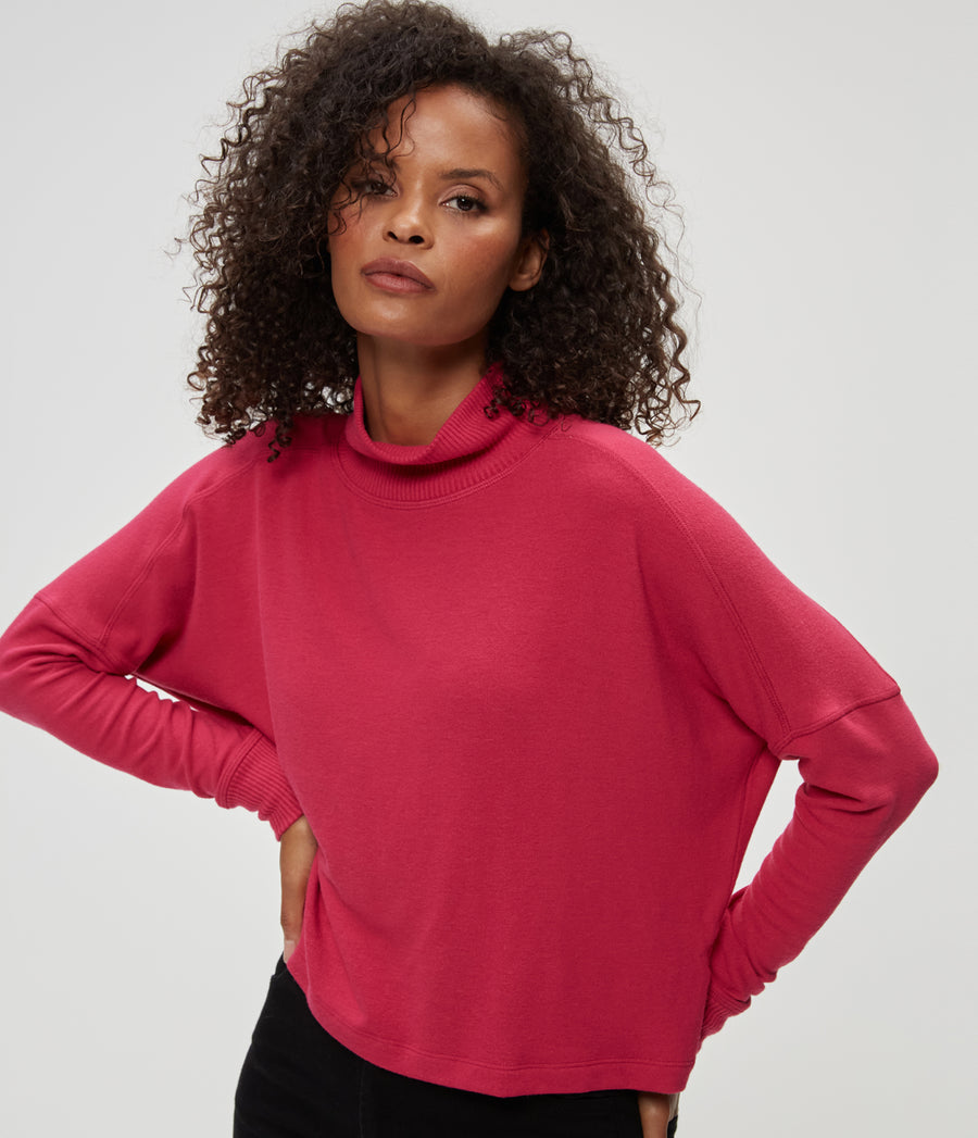 Frida Mock Neck Top in Dark Voltage Pink Close Up View #DARK VOLTAGE