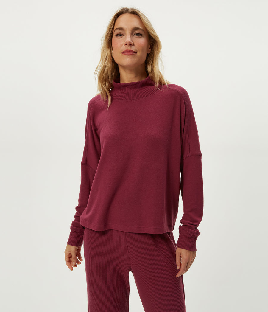 Frida Mock Neck Top in Garnet Red Close Up View #GARNET