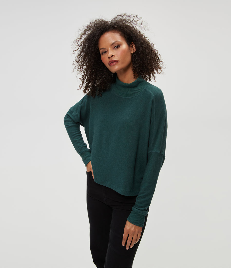 Frida Mock Neck Top in Ivy Green Close Up View #IVY