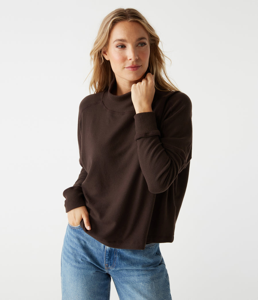 Frida Mock Neck Top in JAVA Brown Close Up View #JAVA