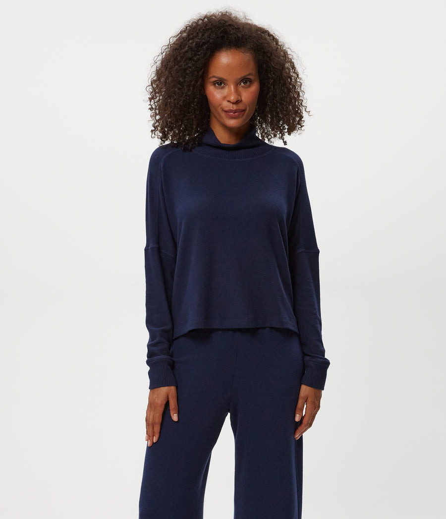 Frida Mock Neck Top in Nocturnal Blue Close Up View #NOCTURNAL