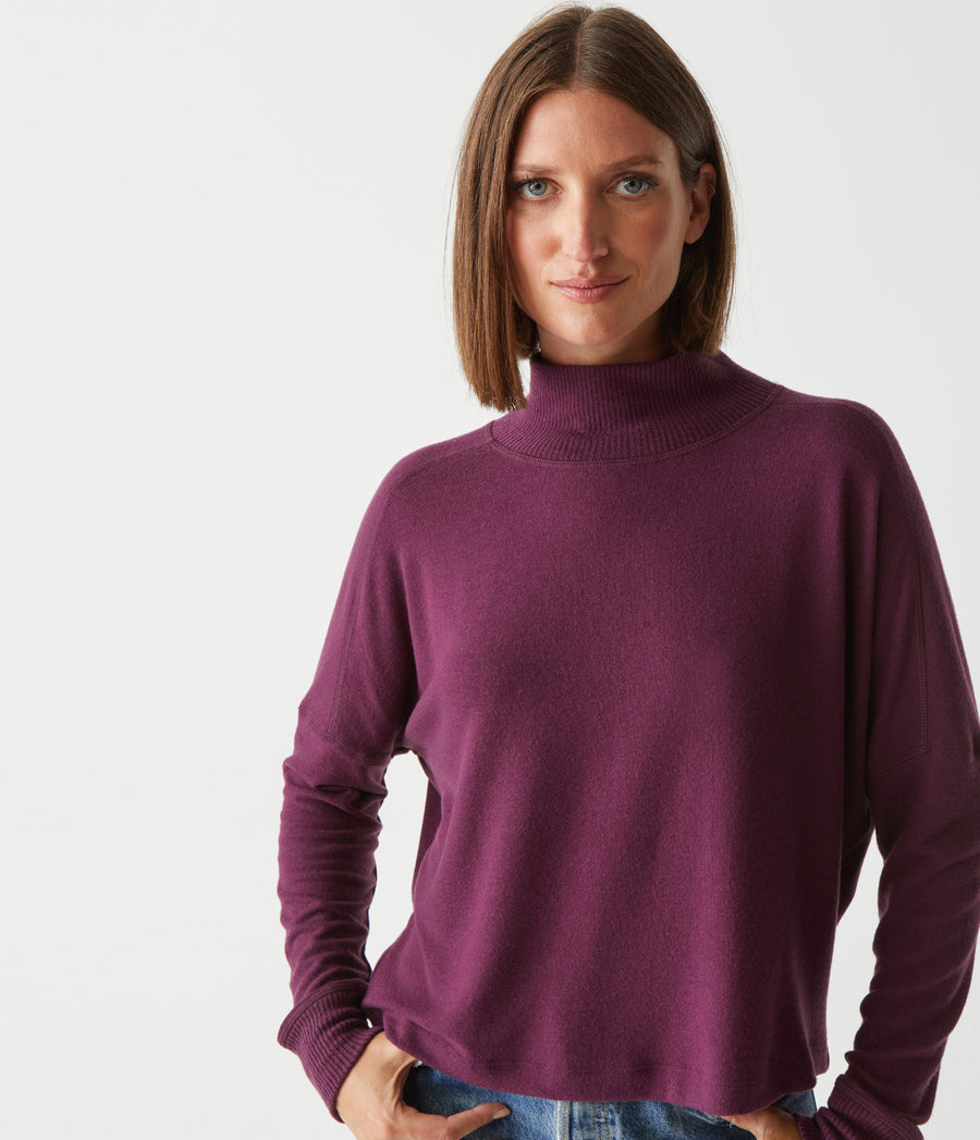 Frida Mock Neck Top in Plum Purple Close Up View #PLUM