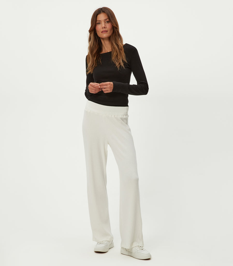 Leann Straight Rib Pant in Chalk White Close Up View #CHALK