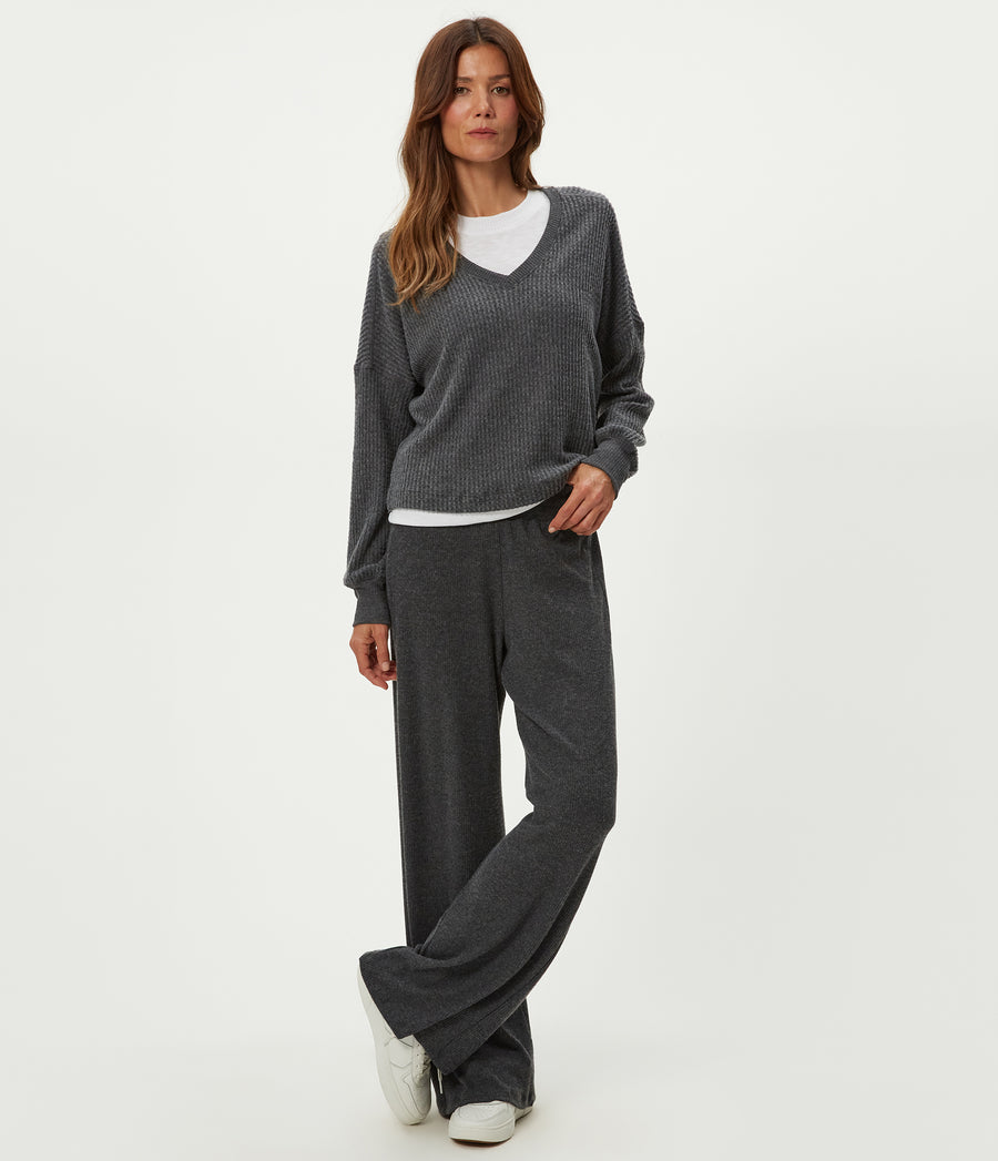 Leann Straight Rib Pant in Charcoal Grey Close up View #CHARCOAL