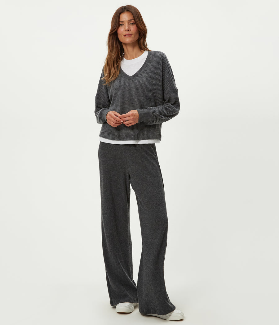 Leann Straight Rib Pant in Charcoal Grey Full Body View #CHARCOAL