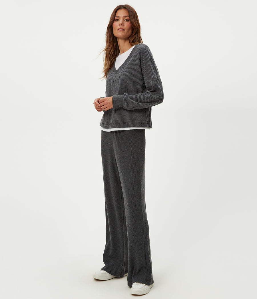 Leann Straight Rib Pant in Charcoal Grey Side View #CHARCOAL