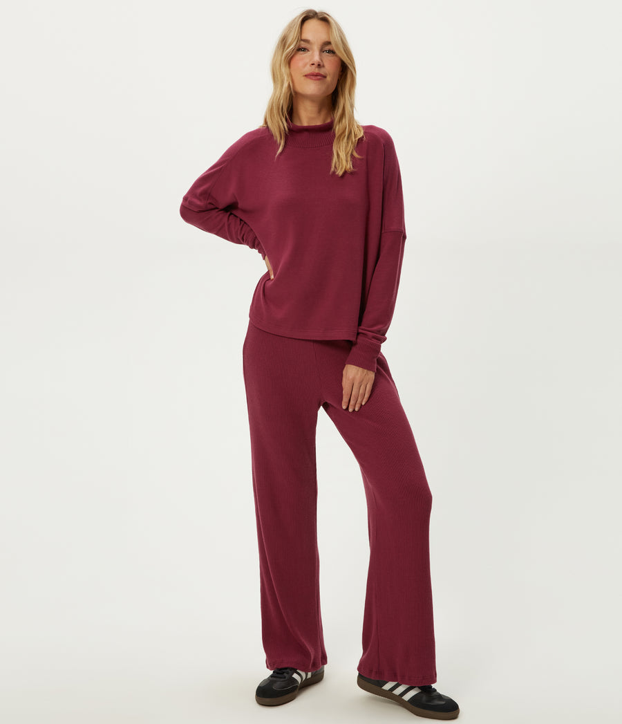 Leann Straight Rib Pant in Garnet Red Close Up View #GARNET