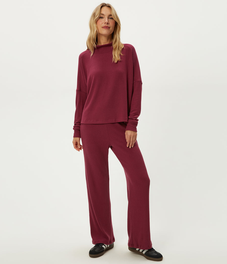 Leann Straight Rib Pant in Garnet Red Full Body View #GARNET