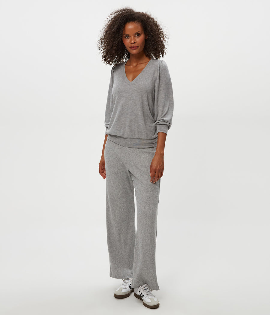 Leann Straight Rib Pant in Heather Grey Grey Close Up View #HEATHER GREY