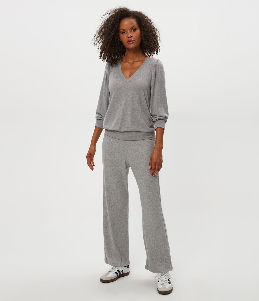 Leann Straight Rib Pant in Heather Grey Grey Full Body View #HEATHER GREY
