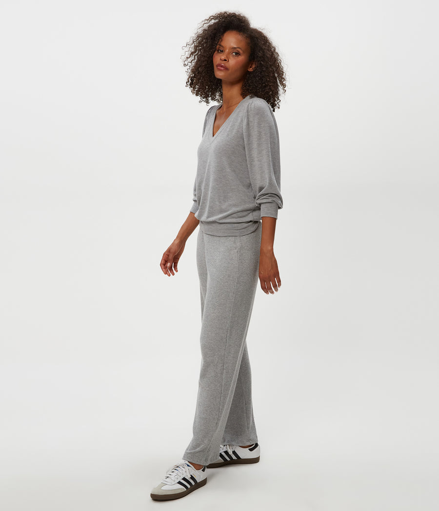 Leann Straight Rib Pant in Heather Grey Grey Side View #HEATHER GREY