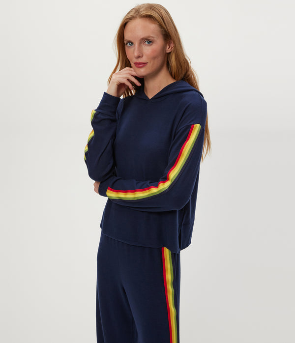 Taryn Striped Hoodie in Nocturnal Blue Close up View #NOCTURNAL